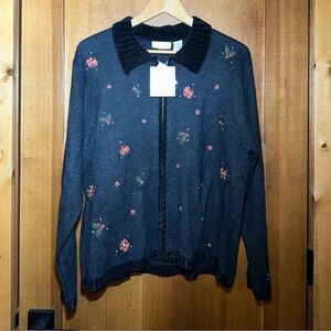 Croft & Barrow Women Ramie Wool Blend Christmas Zip Sweater Size L Black Vintage